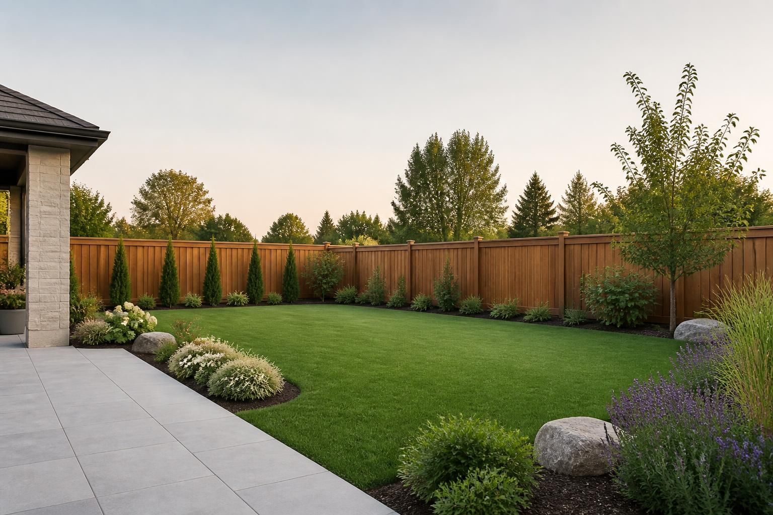 Finished backyard landscaping with a clean fence line.