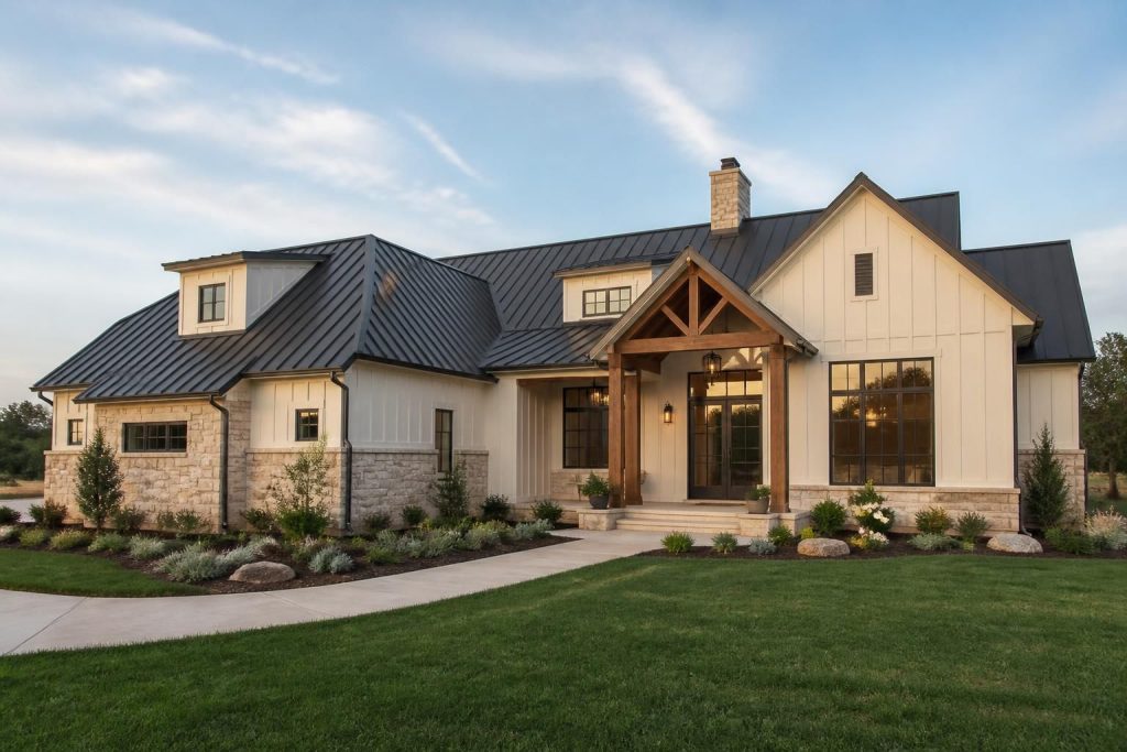 Finished home exterior with metal roofing and a clean front entry.