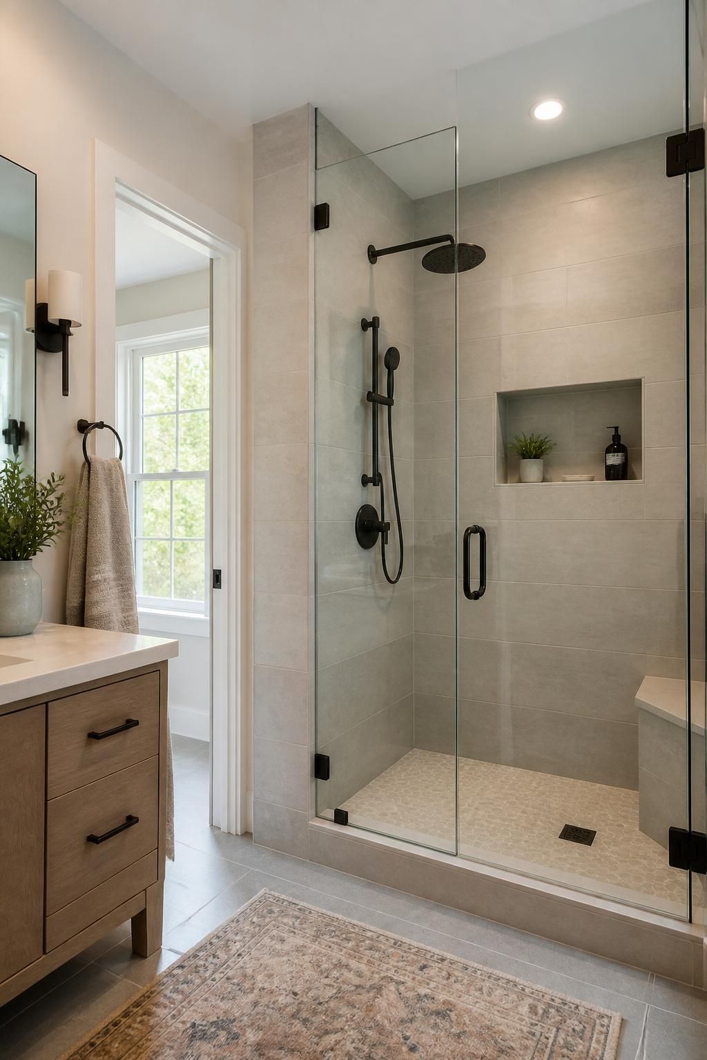 Completed shower renovation with clean tile and modern finishes.